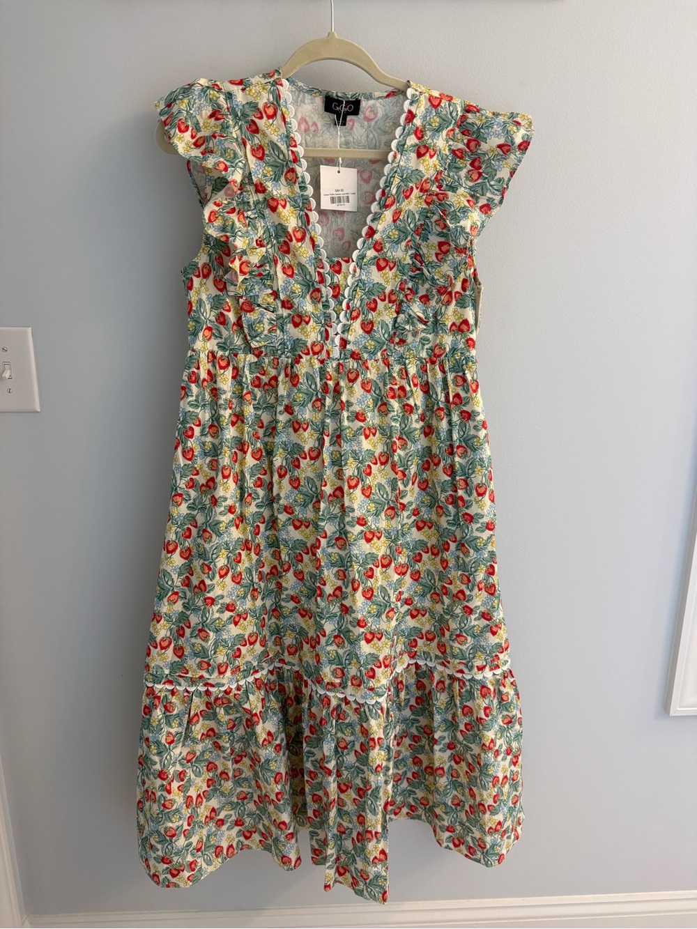 Guilty Mint-Green Strawberry Print Midi Dress with Ruffle Trim